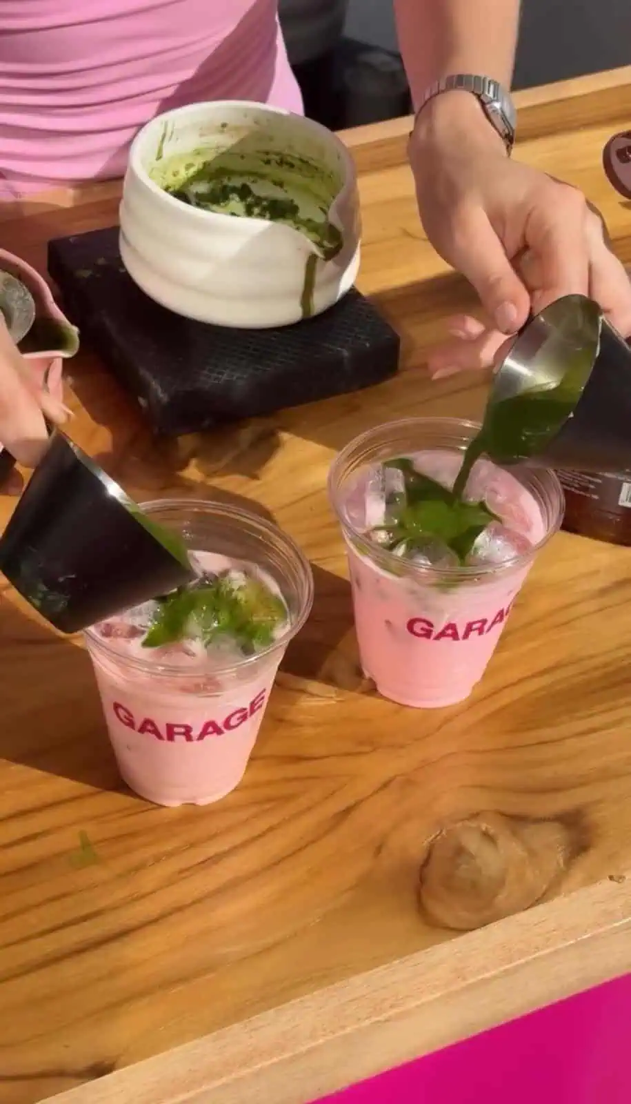 Branded matcha cart at the Garage Clothing Pop It Pink event in Brickell