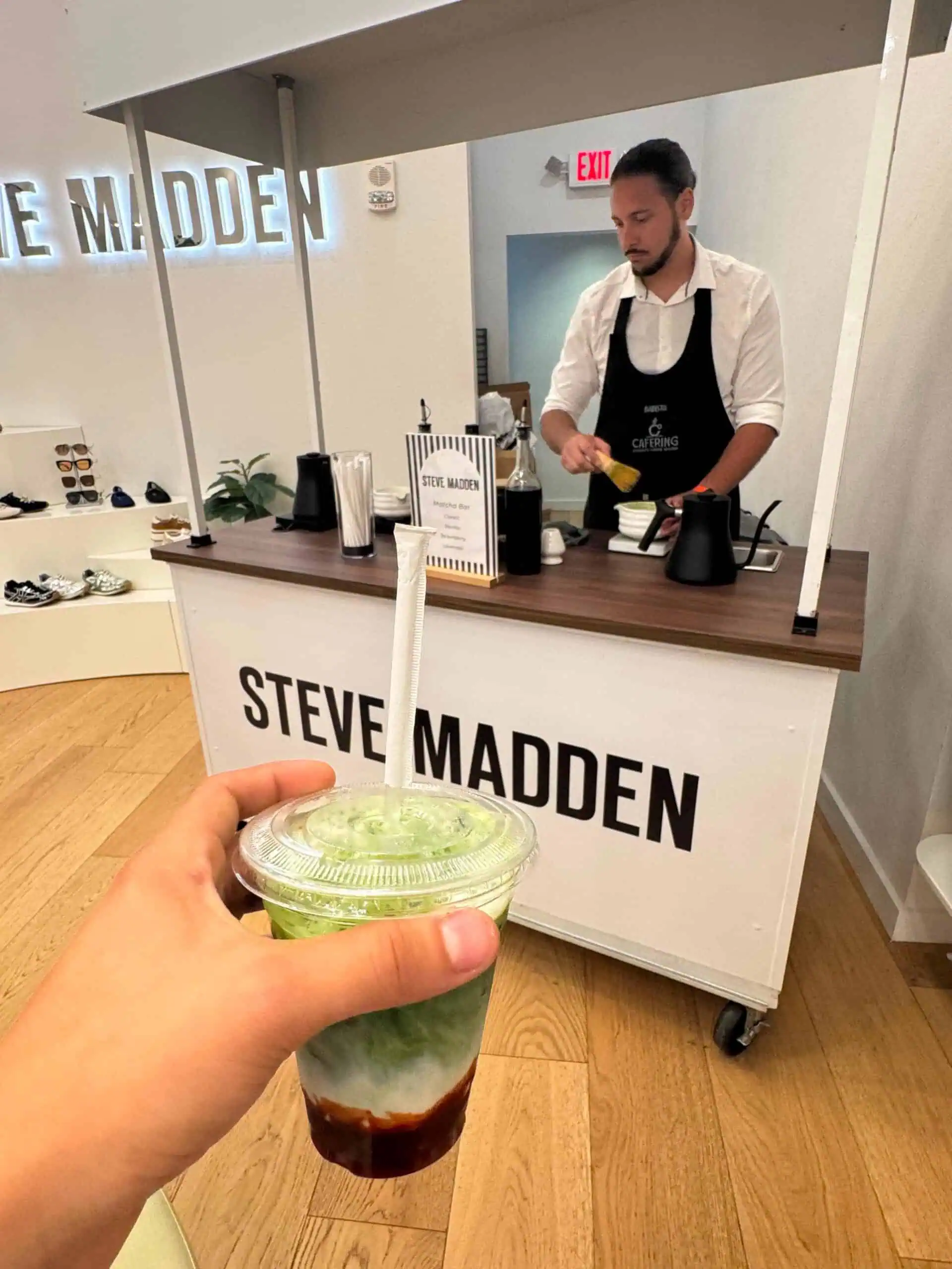 Branded matcha bar set up inside a Steve Madden store in Miami