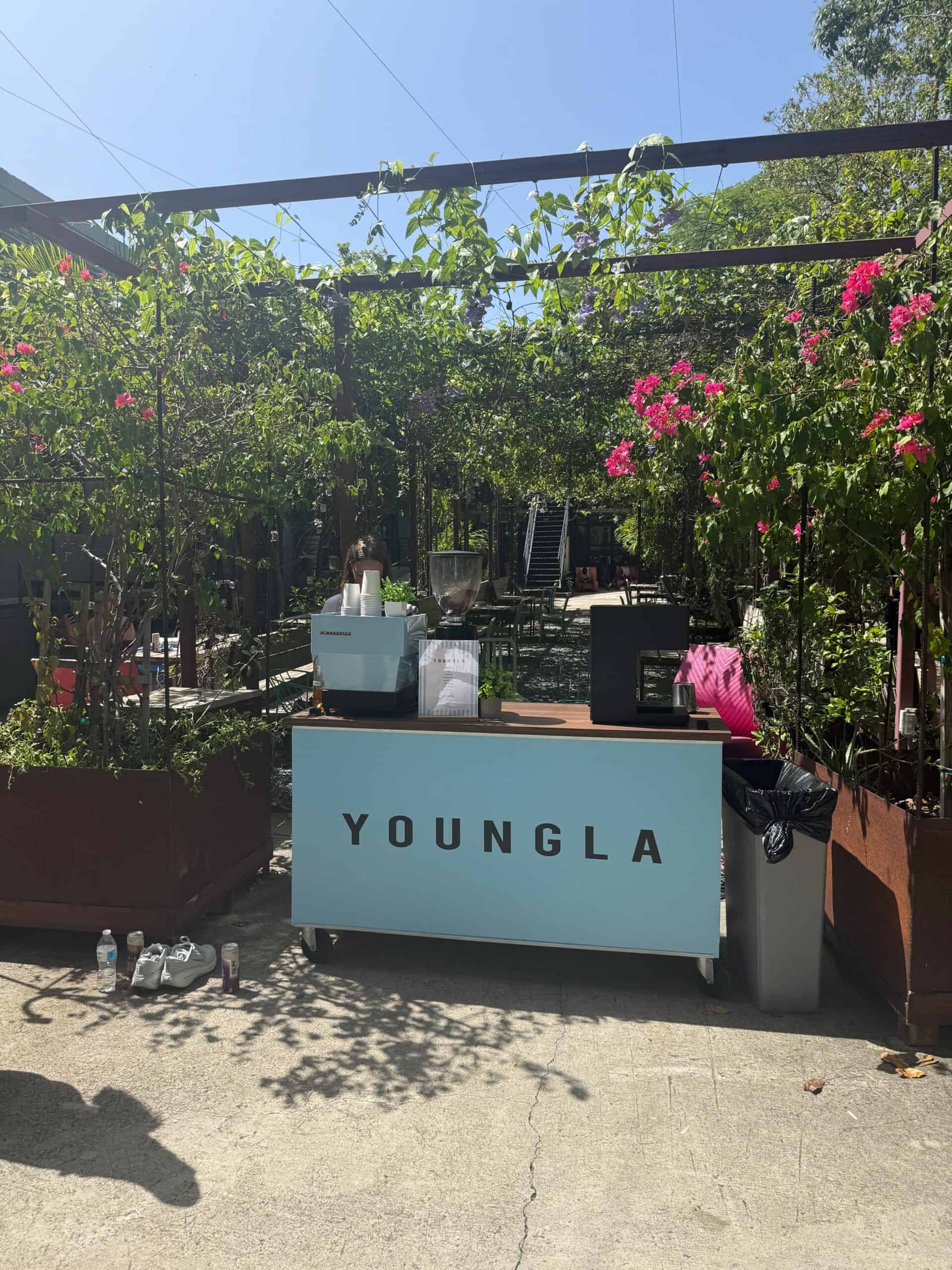 Baby blue branded coffee cart at a YoungLA run club event in Miami